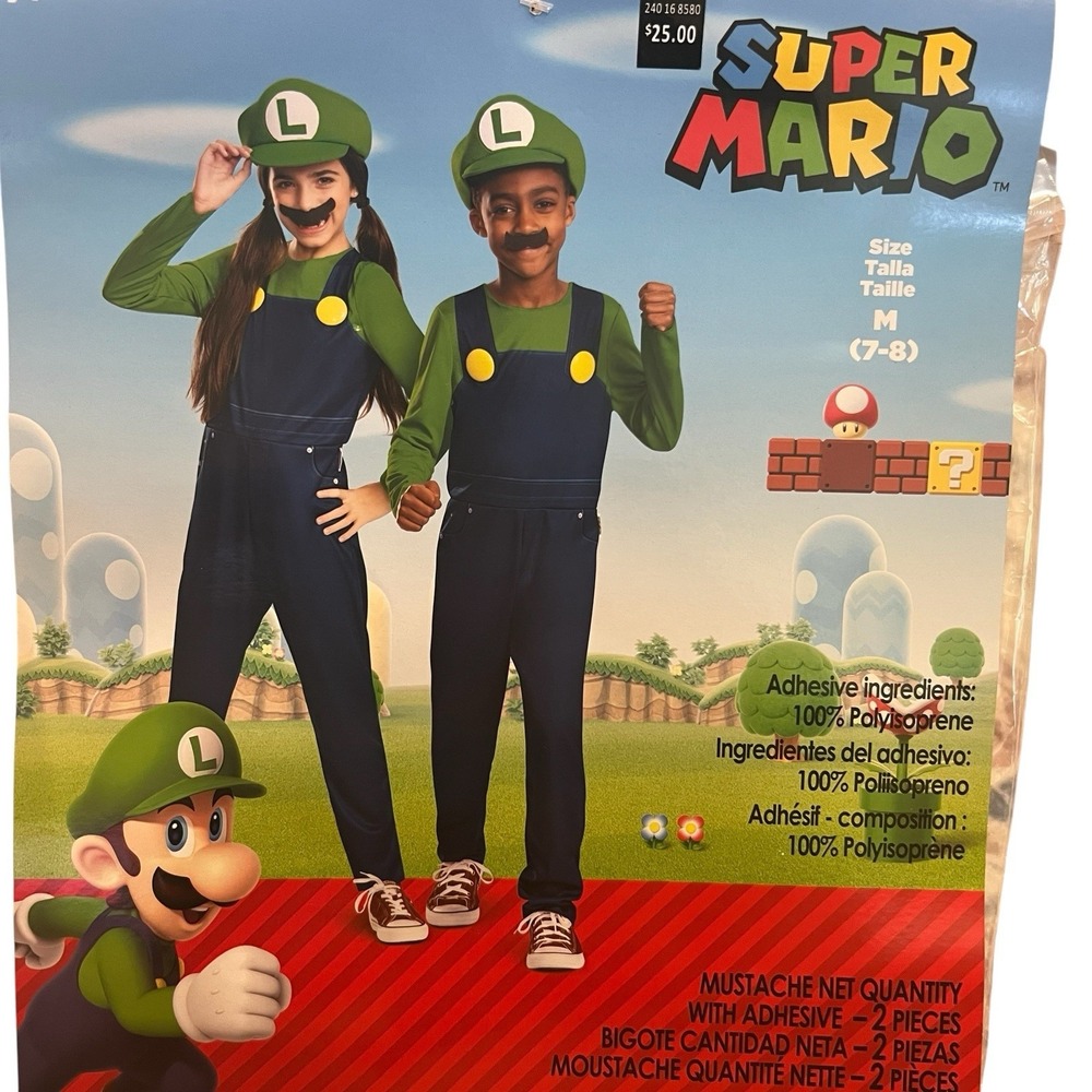 Luigi Nintendo Super Mario Brothers Bros. Costume‎ Youth Medium 7-8 Halloween